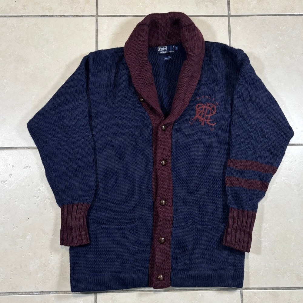 Polo Ralph Lauren Vintage Wool Shawl Collar Cardigan Navy Burgundy Crest M 90s